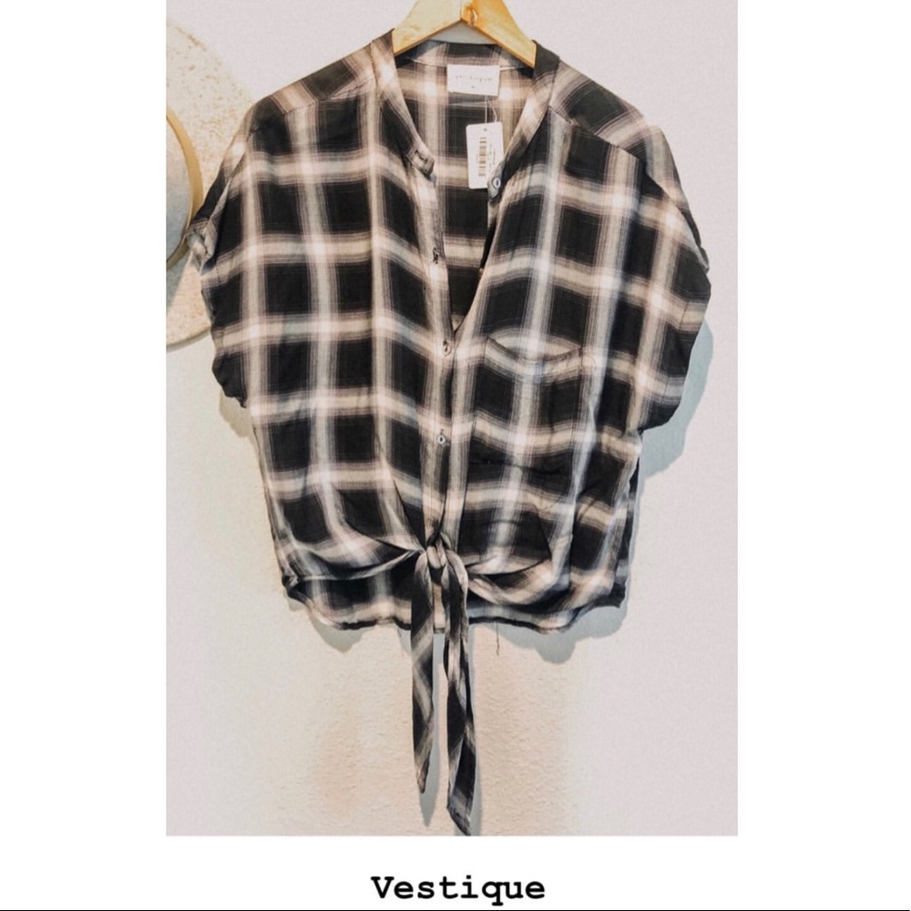 Black, white, purple plaid tie top